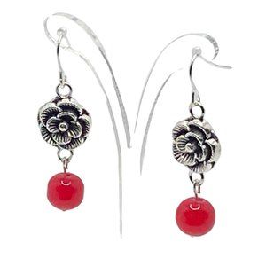 Medium Length Drop Earrings with Red (10mm) with Silver Flower Pendant